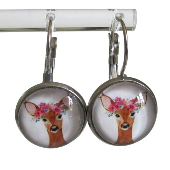 New Deer w/ Flower Crown Earrings on Stainless Lever Back Hooks - Gift Boxed - Picture 1 of 5